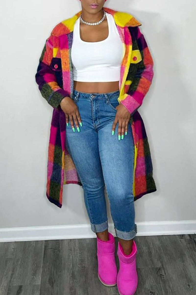 Fashion Casual Plaid Print Patchwork Cardigan Turndown Collar Outerwear(4 Colors)