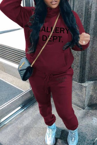 Burgundy Casual Print Letter Hooded Collar Long Sleeve Two Pieces