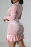 Pink Street Solid Draw String Fold Half A Turtleneck Pencil Skirt Dresses