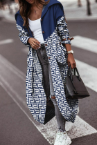 Blue White Street Print Patchwork Hooded Collar Outerwear
