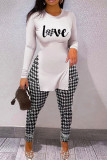 Black White Casual Print Slit O Neck Long Sleeve Two Pieces