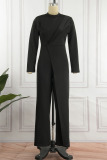 Black Casual Solid Patchwork O Neck Straight Jumpsuits