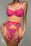 Rose Red Sexy Embroidery Patchwork See-through Backless Lingerie