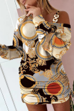Gold Casual Print Wapiti Fold One Shoulder Pencil Skirt Dresses