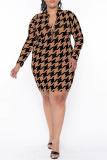 Brown Casual Print Patchwork Zipper Collar Long Sleeve Plus Size Dresses