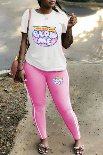 Pink Casual Print Patchwork O Neck Short Sleeve Two Pieces