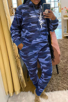 Blue Street Camouflage Print Patchwork Hooded Collar Long Sleeve Two Pieces