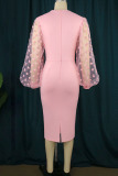 Pink Casual Elegant Solid Hollowed Out Patchwork O Neck One Step Skirt Dresses