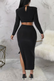 Black Sexy Solid Hollowed Out Patchwork Slit O Neck Pencil Skirt Dresses