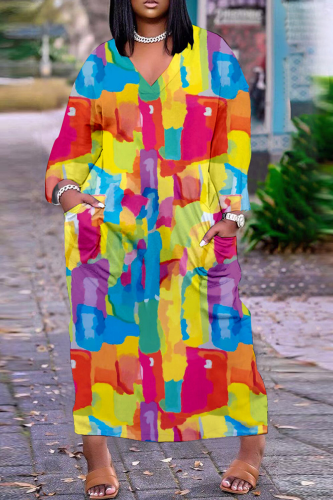 Colour Casual Print Patchwork V Neck Straight Dresses