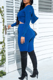 Royal Blue Casual Solid Ripped O Neck Long Sleeve Two Pieces