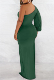 Green Sexy Formal Solid Backless Slit Oblique Collar Long Sleeve Dresses