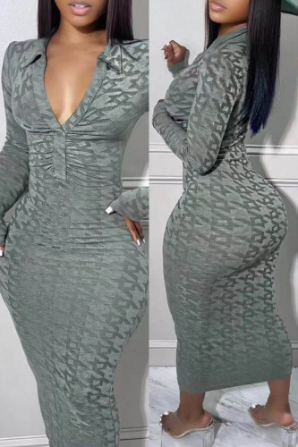 Grey Casual Print Patchwork V Neck Long Sleeve Dresses
