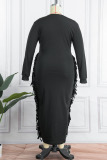Black Sexy Print Tassel Patchwork V Neck Plus Size Dresses