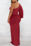 Red Sexy Formal Solid Backless Slit Oblique Collar Long Sleeve Dresses
