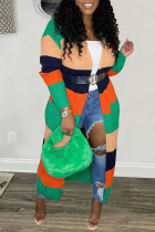 Green Casual Patchwork Cardigan Collar Outerwear