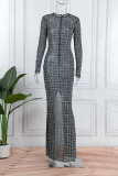 Grey Sexy Solid Patchwork See-through O Neck One Step Skirt Dresses