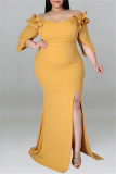 Green Fashion Sexy Plus Size Solid Patchwork Slit Off the Shoulder Evening Dress