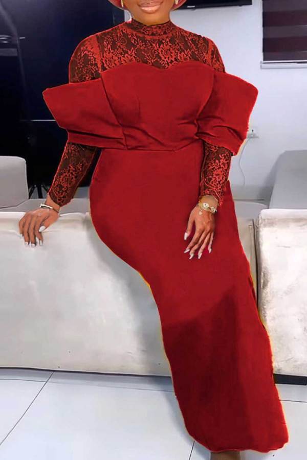 Red Sexy Solid Patchwork Half A Turtleneck Evening Dress Dresses