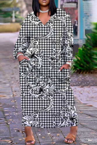 Black White Casual Street Print Patchwork V Neck Straight Dresses