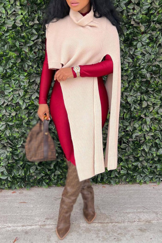 Apricot Street Solid Patchwork Slit Asymmetrical Turtleneck Tops