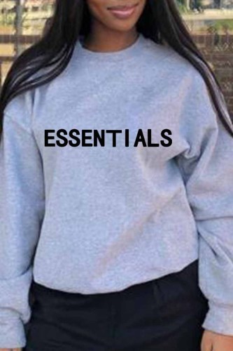 Grey Casual Print Letter O Neck Tops
