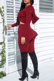 Dark Red Casual Solid Ripped O Neck Long Sleeve Two Pieces