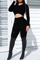 Black Casual Solid Ripped O Neck Long Sleeve Two Pieces