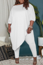 White Casual Solid Patchwork Asymmetrical Off the Shoulder Plus Size Two Pieces