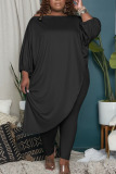 Grey Casual Solid Patchwork Asymmetrical Off the Shoulder Plus Size Two Pieces