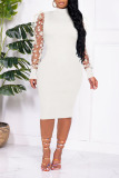 White Elegant Solid Patchwork See-through Half A Turtleneck Pencil Skirt Dresses