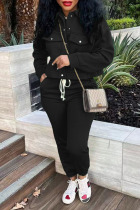 Black Casual Solid Patchwork Buckle Turndown Collar Long Sleeve Two Pieces