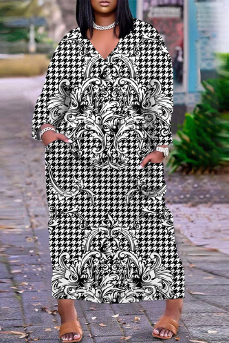 Black Casual Street Print Patchwork V Neck Straight Dresses