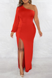 Rose Red Sexy Formal Solid Backless Slit Oblique Collar Long Sleeve Dresses