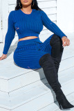 Royal Blue Casual Solid Ripped O Neck Long Sleeve Two Pieces