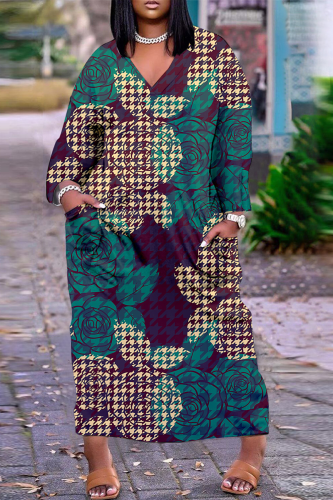 Green Casual Street Print Patchwork V Neck Straight Dresses