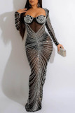 White Sexy Patchwork Hot Drilling See-through Backless Square Collar Long Sleeve Dresses
