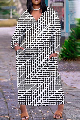 Black White Casual Street Print Patchwork V Neck Straight Dresses