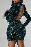 Green Sexy Solid Hollowed Out Sequins Patchwork Feathers Pencil Skirt Dresses