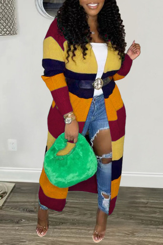 Yellow Colorblock Striped Long Sweater Cardigan Women's Open Front Long Sleeve Fall Casual Plus Size Knitted Coat with Belt