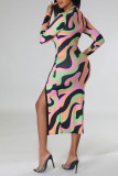 Pink Sexy Print Patchwork Slit Turndown Collar One Step Skirt Dresses