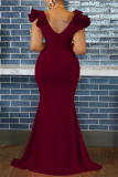 Burgundy Sexy Casual Solid Patchwork V Neck Long Dress Dresses