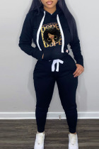 Black Casual Print Basic Hooded Collar Long Sleeve Two Pieces