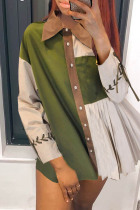 Green Casual Patchwork Turndown Collar Tops