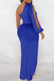 Royal Blue Sexy Formal Solid Backless Slit Oblique Collar Long Sleeve Dresses