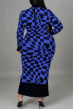 Blue Casual Plaid Print Patchwork Half A Turtleneck Long Sleeve Plus Size Dresses