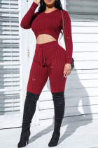 Dark Red Casual Solid Ripped O Neck Long Sleeve Two Pieces