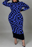 Blue Casual Plaid Print Patchwork Half A Turtleneck Long Sleeve Plus Size Dresses