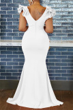 White Sexy Casual Solid Patchwork V Neck Long Dress Dresses