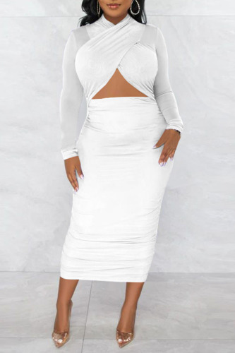 White Sexy Solid Hollowed Out Patchwork Pencil Skirt Dresses